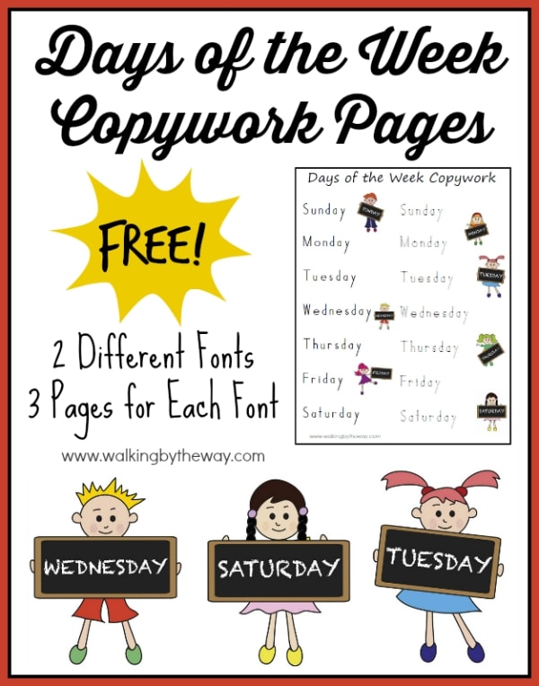 Days of the Week FREE Copywork Pages from Walking by the Way